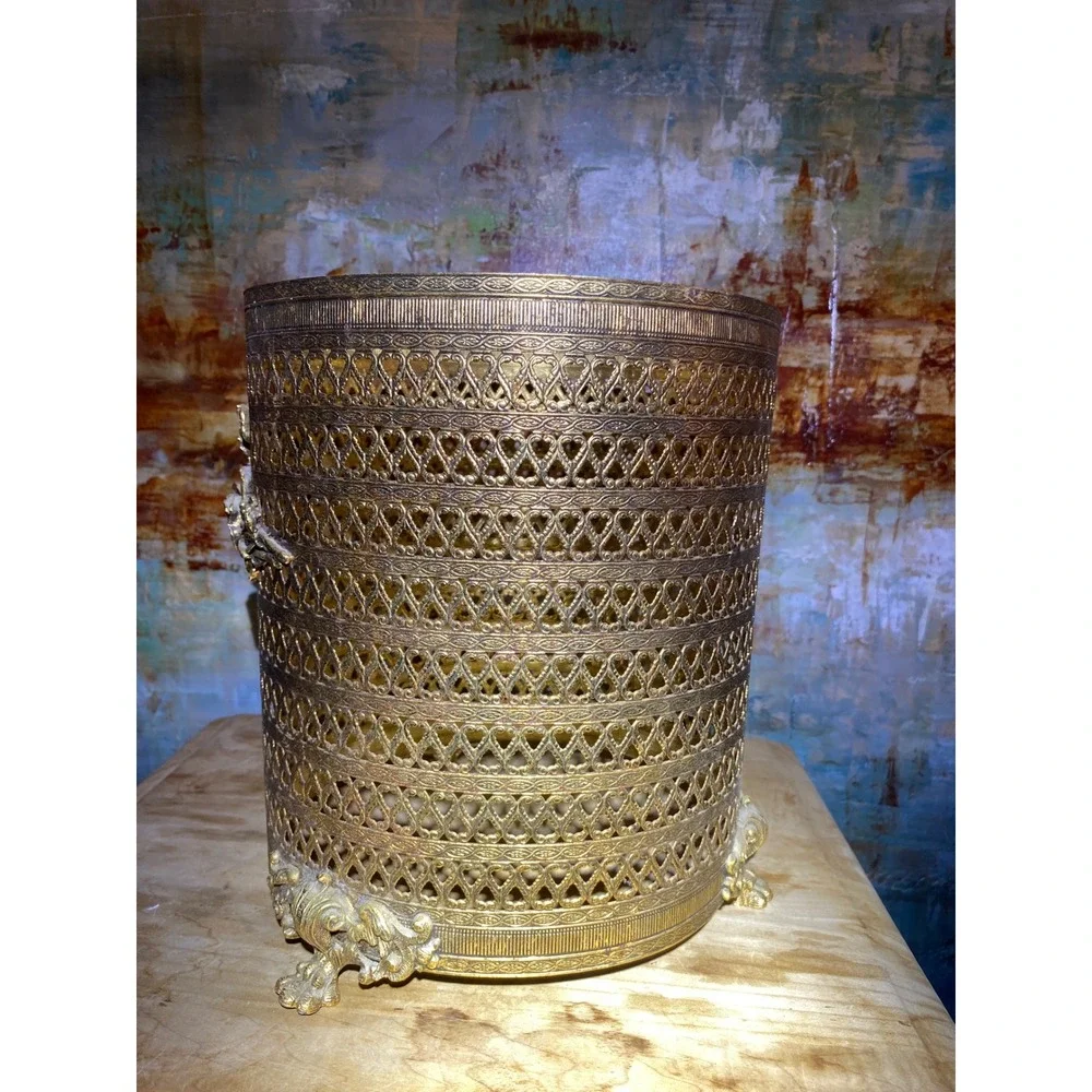 Vintage Ornate Brass Filigree Wastebasket Rose Floral Hollywood Regency 10in